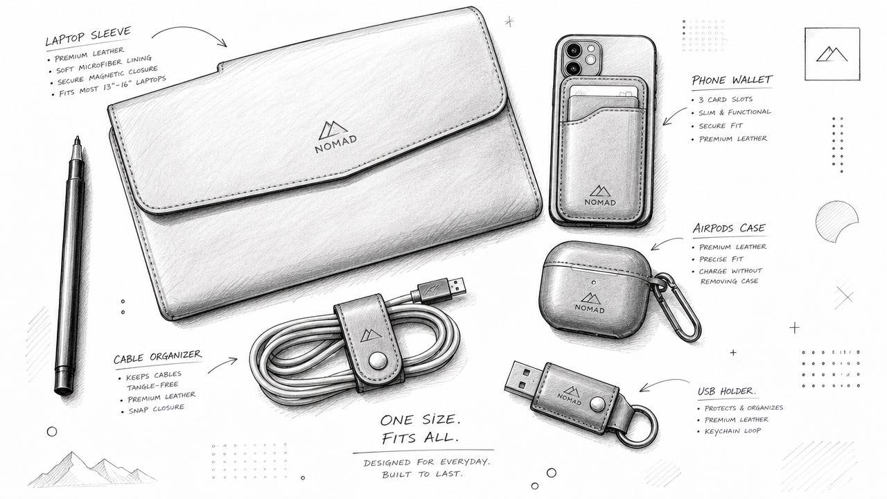 A product sketch showcasing premium leather tech accessories including a laptop sleeve, phone wallet, and cable organizer.