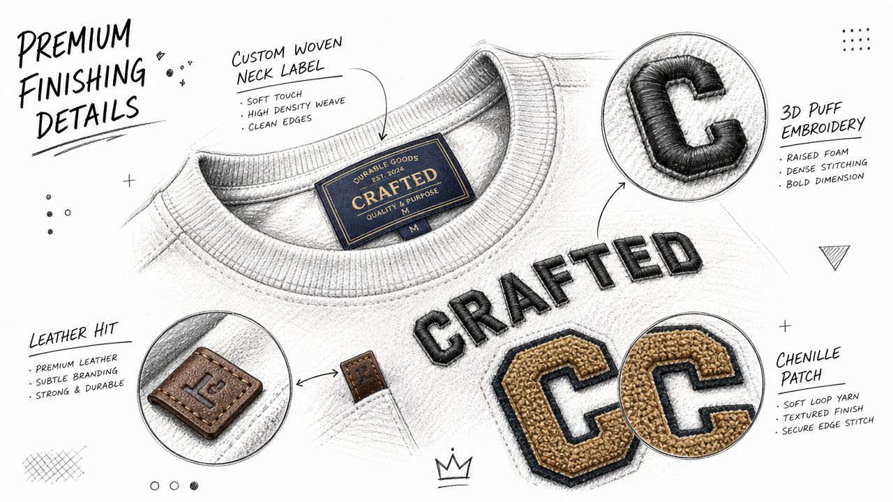 A detailed technical drawing illustration showcasing various premium apparel finishing techniques including embroidery, woven labels, and leather patches.