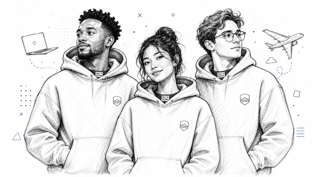 Three diverse young adults wearing matching branded hoodies illustrated in a modern sketch style art.