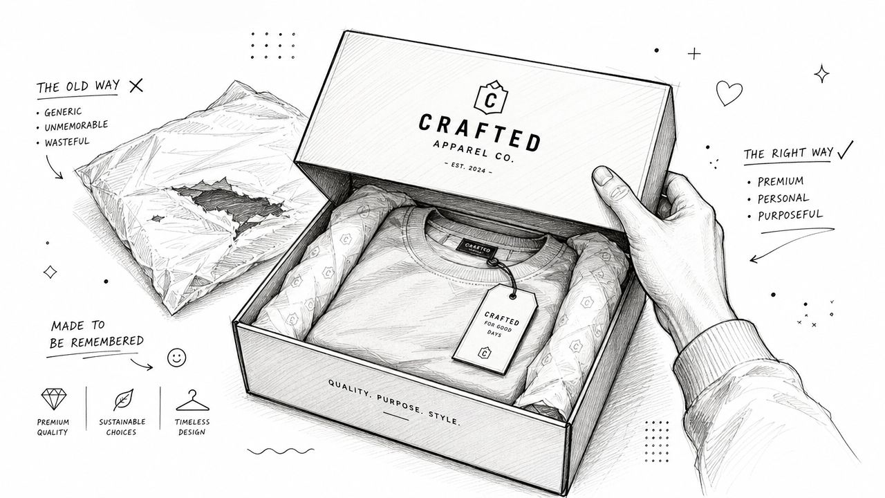 A hand opens a premium box from Crafted Apparel Co featuring a folded t-shirt, contrasting with generic packaging.