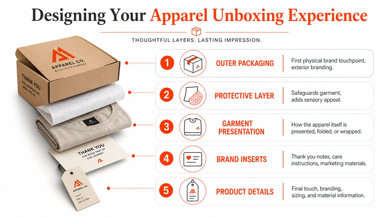 An infographic showing five steps for designing a professional apparel unboxing experience for ecommerce clothing brands.