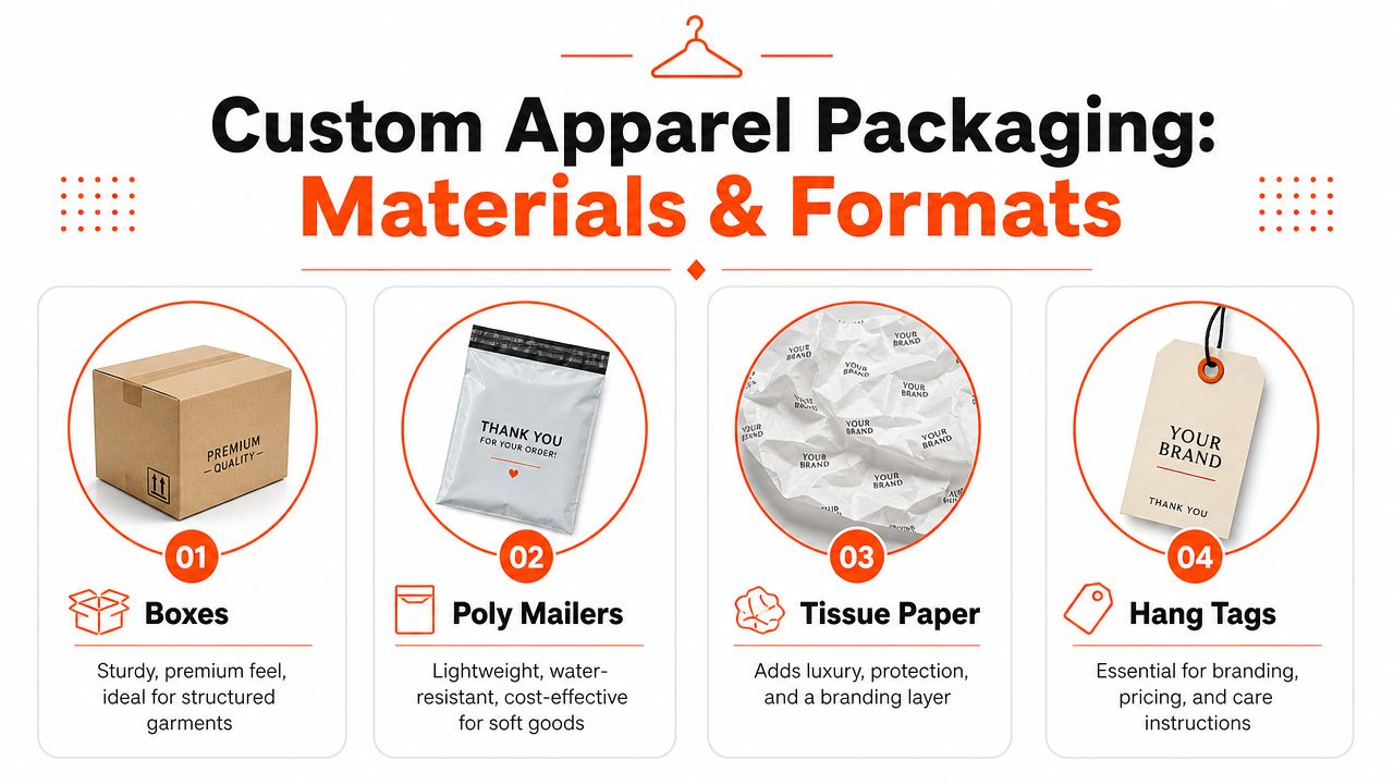 A graphic showing four types of custom apparel packaging: cardboard boxes, poly mailers, tissue paper, and hang tags.