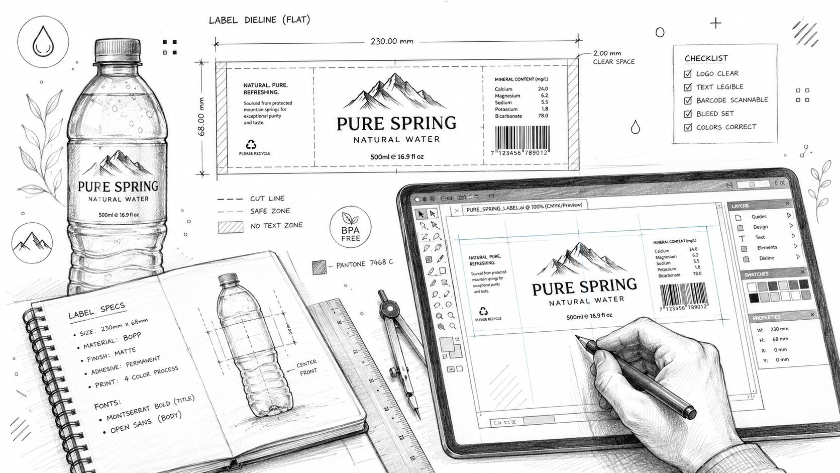 A pencil sketch of water bottle label design process including dimensions, technical specifications, and digital design software.
