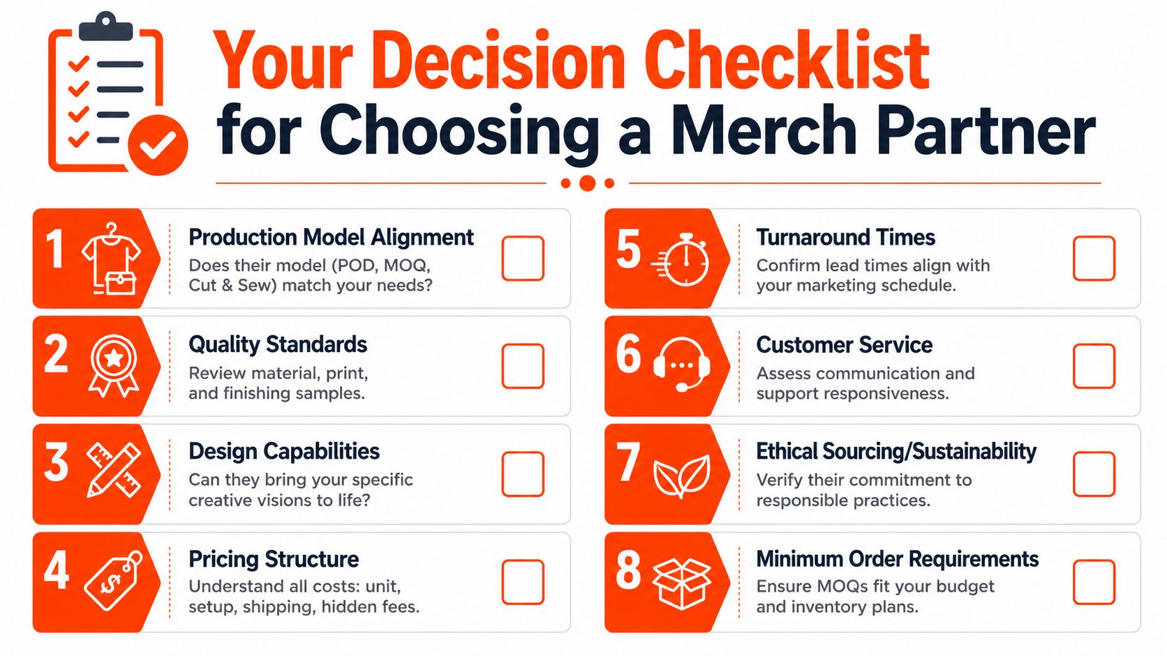 An infographic checklist for choosing a merchandise partner, featuring eight key criteria for business success.