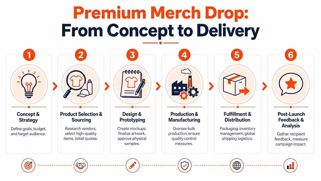 A step-by-step infographic illustrating the six-stage process of creating a premium merchandise drop from concept to delivery.
