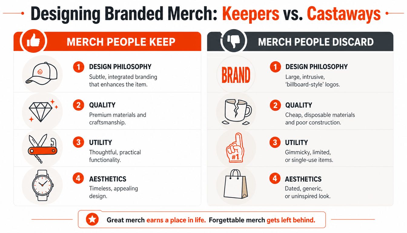 An infographic comparing qualities of branded merchandise that people keep versus items people typically discard.