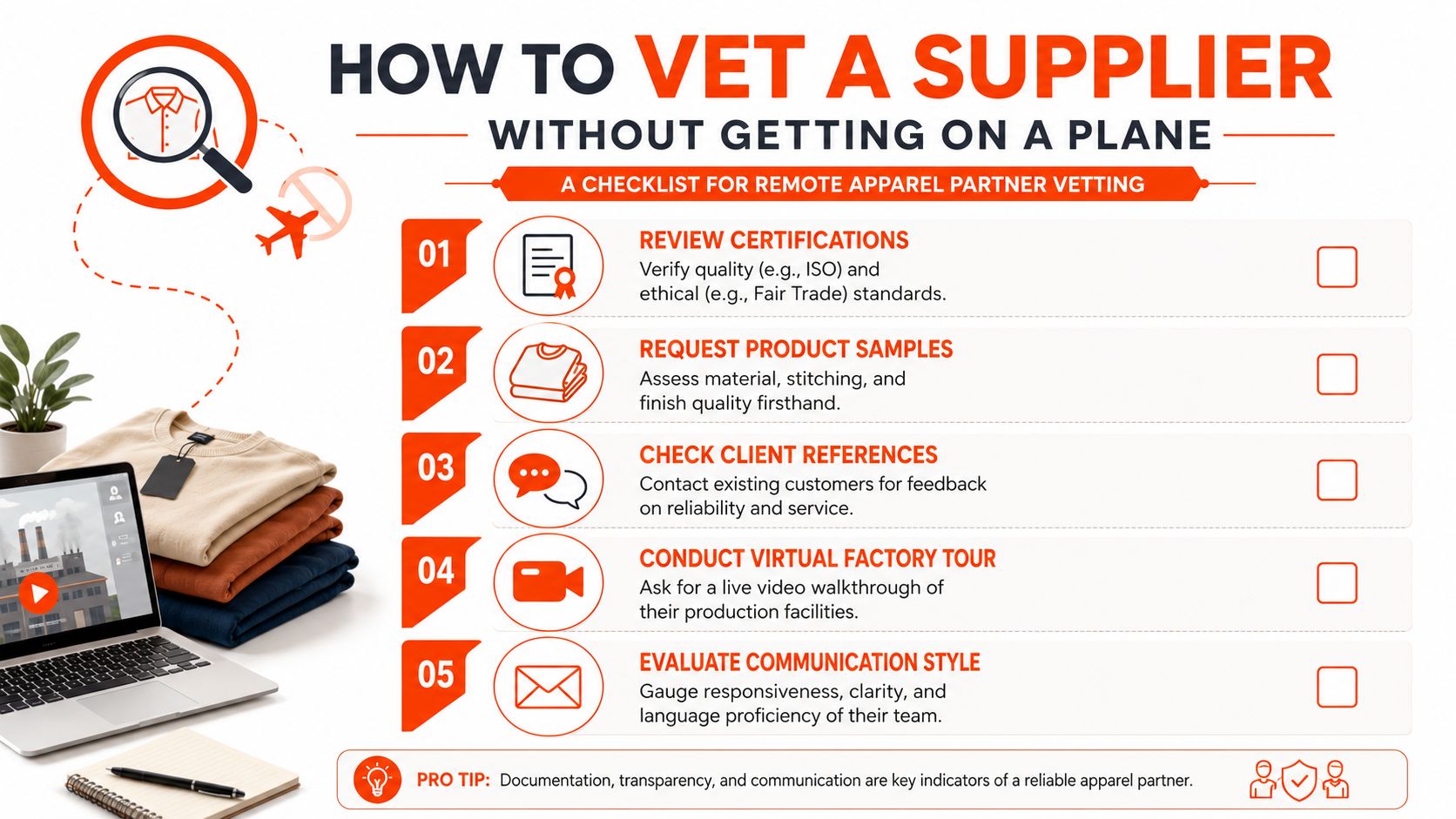 An infographic checklist guiding how to vet a supplier for private label apparel remotely without travel.