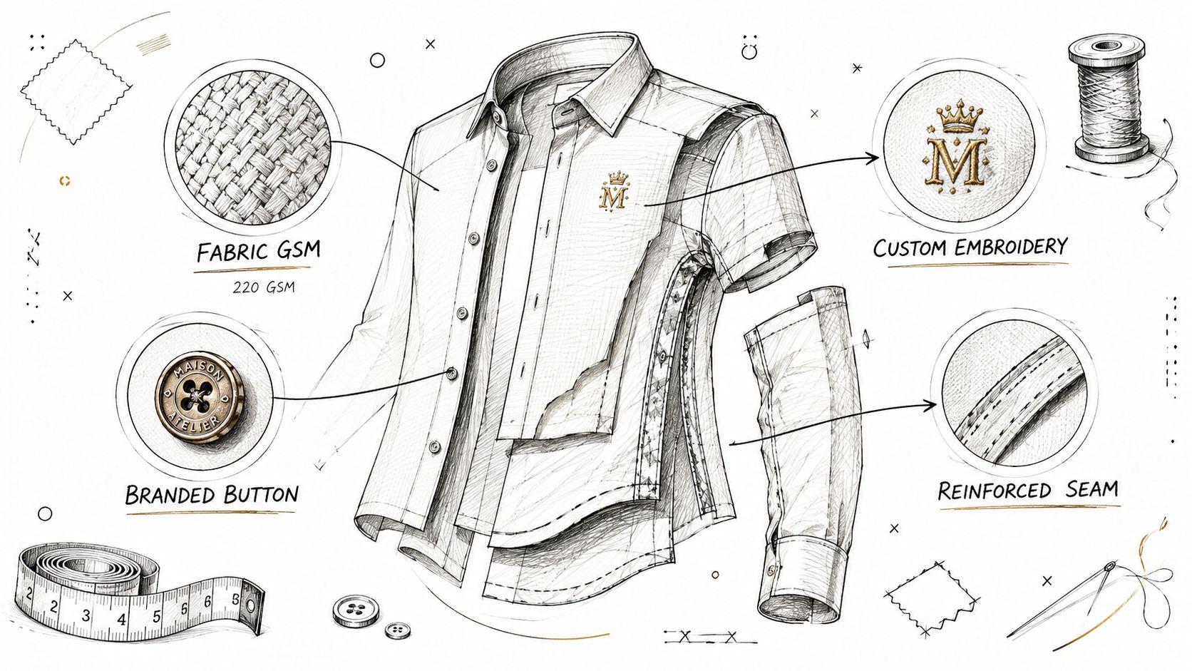 A detailed technical sketch of a dress shirt highlighting fabric quality, branded buttons, custom embroidery, and reinforced seams.