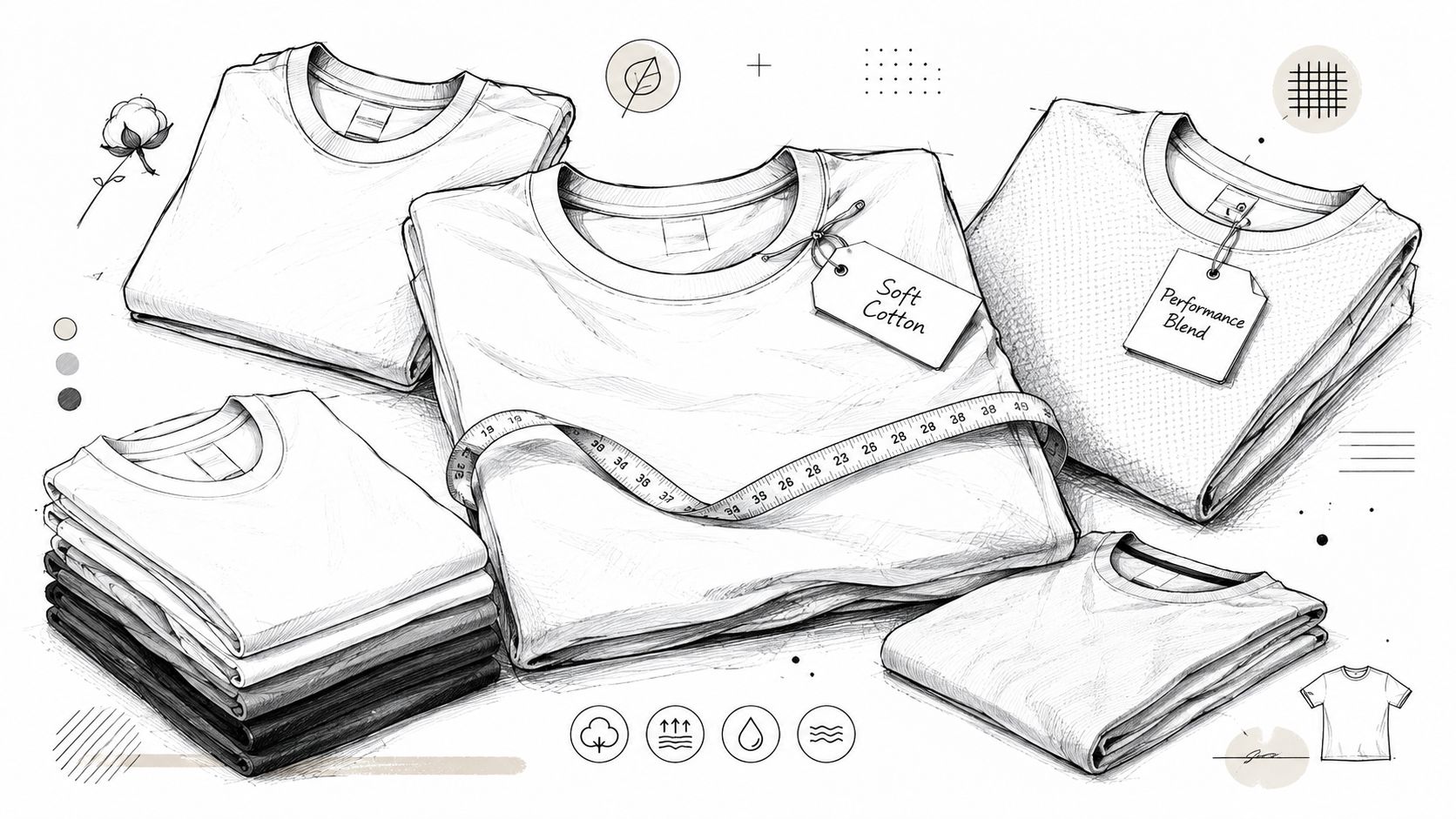 A detailed pencil sketch of various folded t-shirts, including fabric tags and a measuring tape, illustrating clothing design.