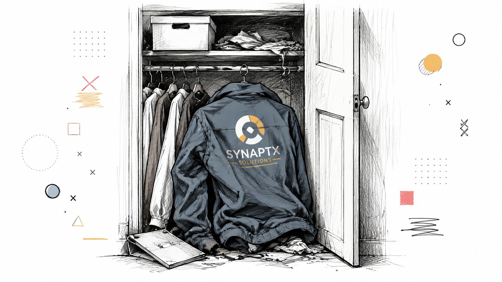 A charcoal gray company jacket with the Synaptx Solutions logo hanging inside an open wooden closet.