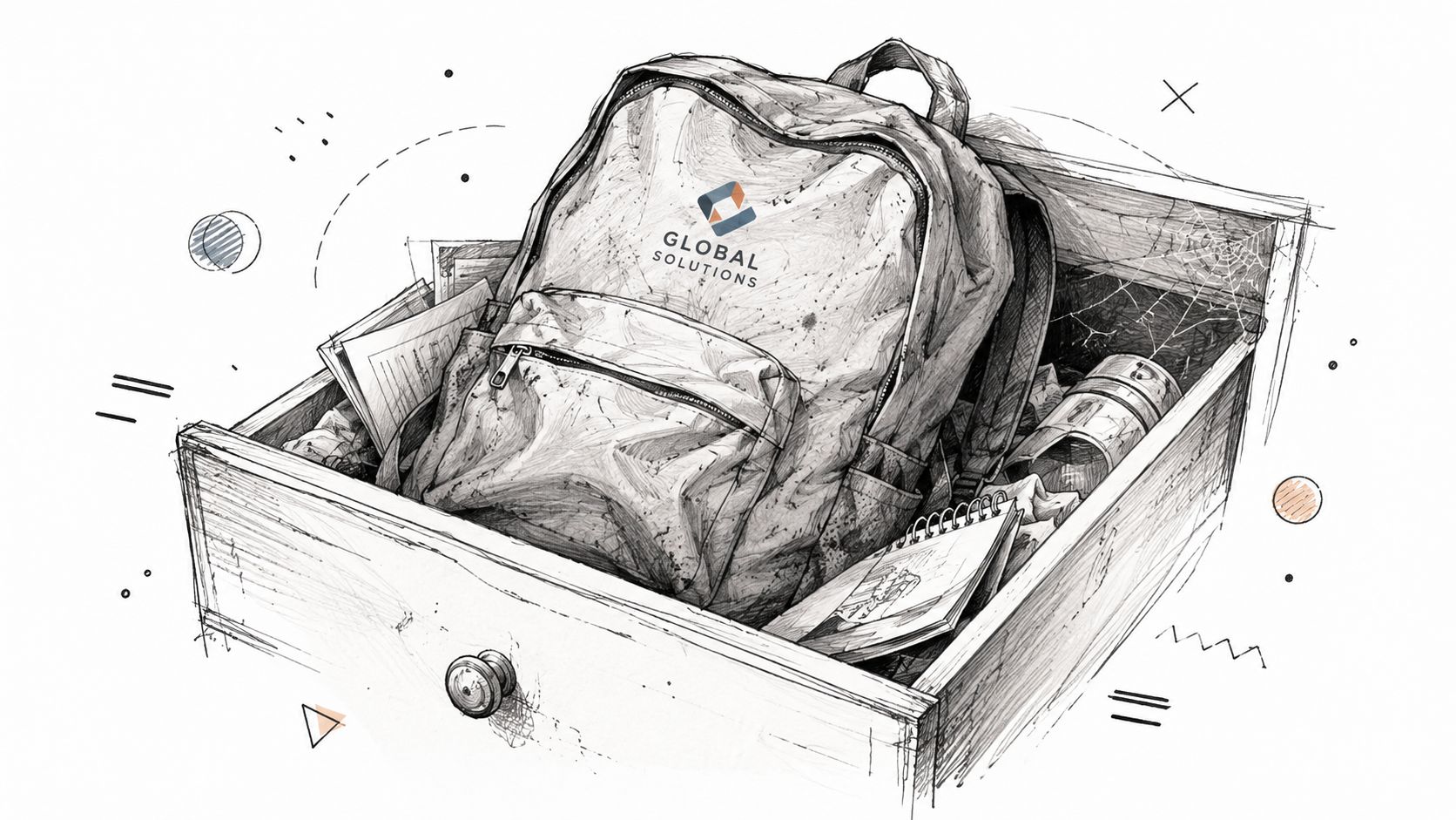 A pencil sketch of a cluttered desk drawer containing a Global Solutions branded backpack and notebooks.