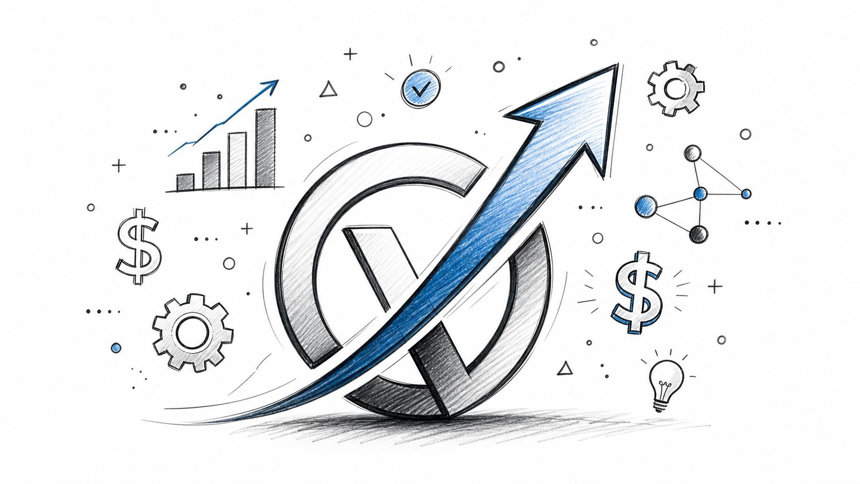 A creative illustration featuring a checkmark symbol combined with an upward-trending arrow and various business icons.