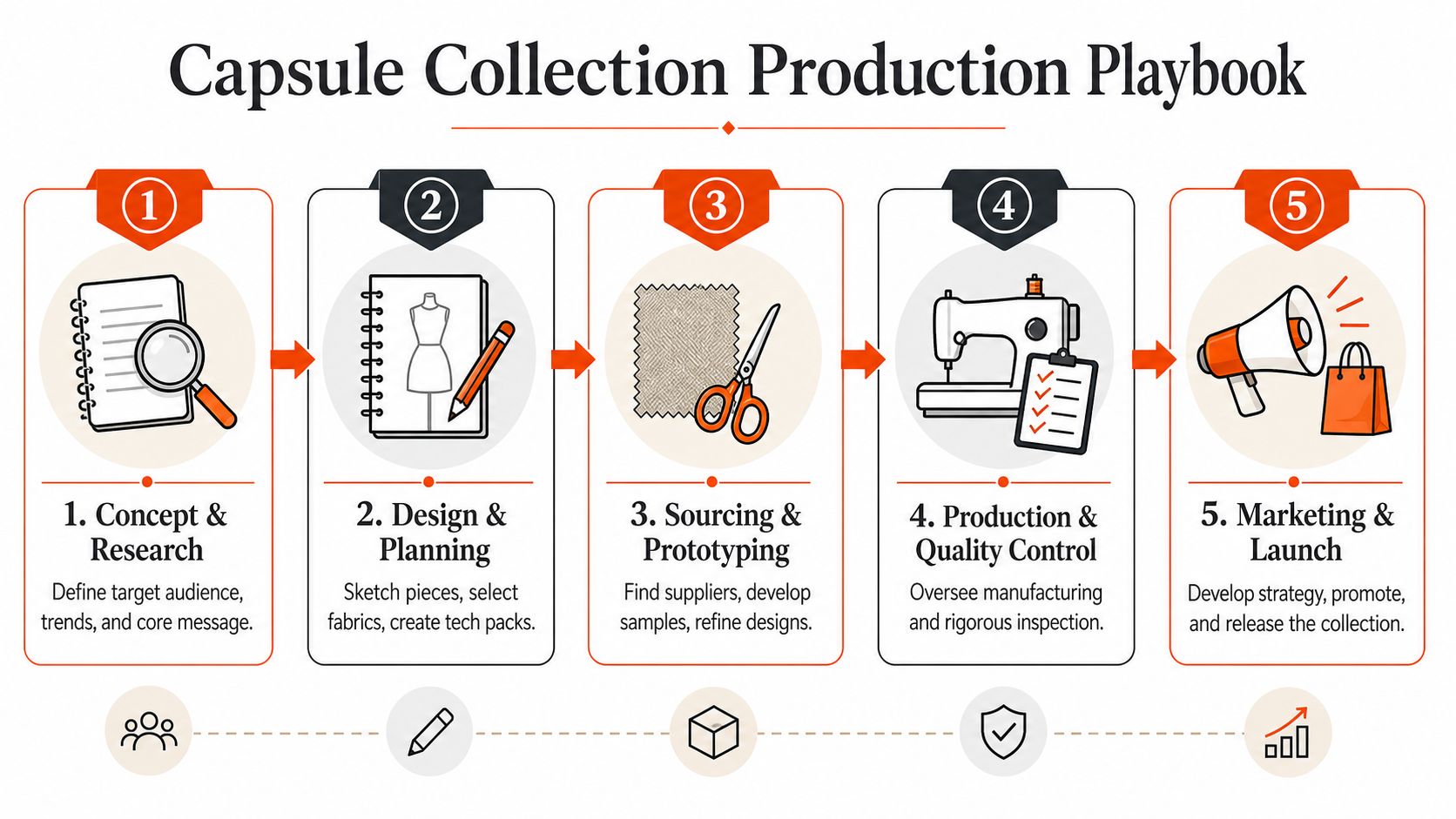 A flowchart titled Capsule Collection Production Playbook showing five sequential steps for fashion design production processes.