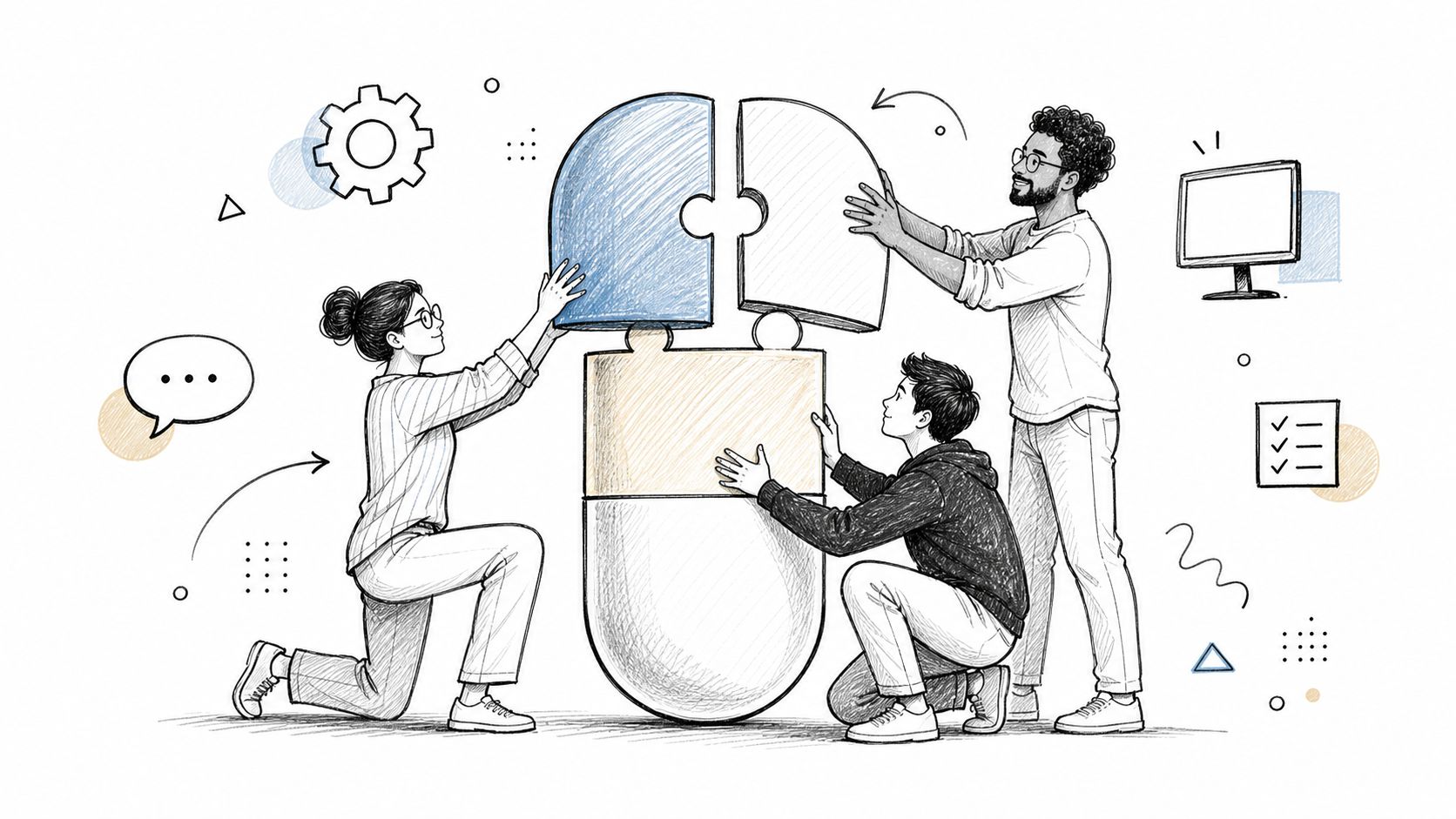Three people collaborating to assemble a large, stylized medical capsule icon in a modern illustration style.