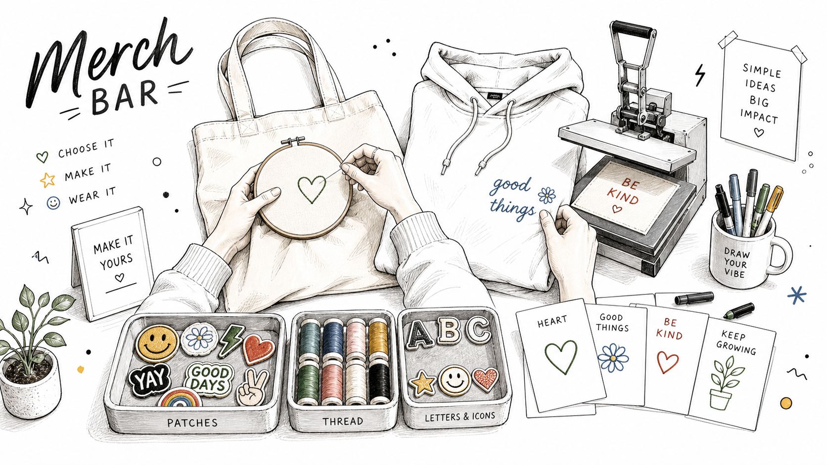 A creative workspace illustration showing custom merchandise being decorated with embroidery, patches, and iron-on press decals.