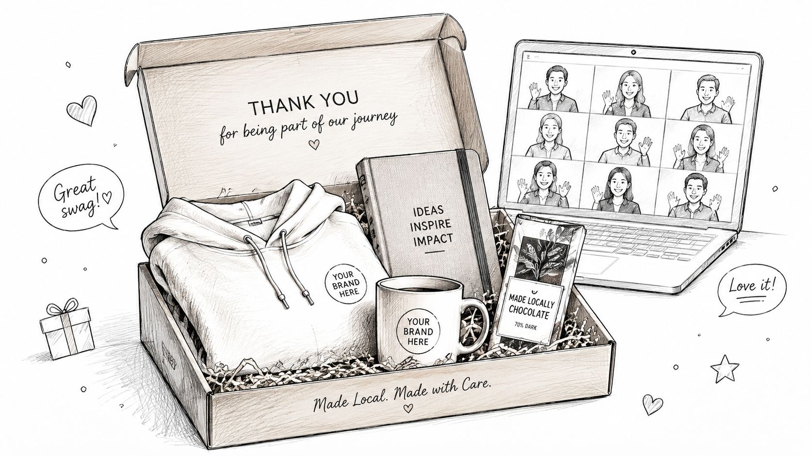 An illustration of a company gift box containing a hoodie, notebook, mug, and chocolate beside a laptop screen.