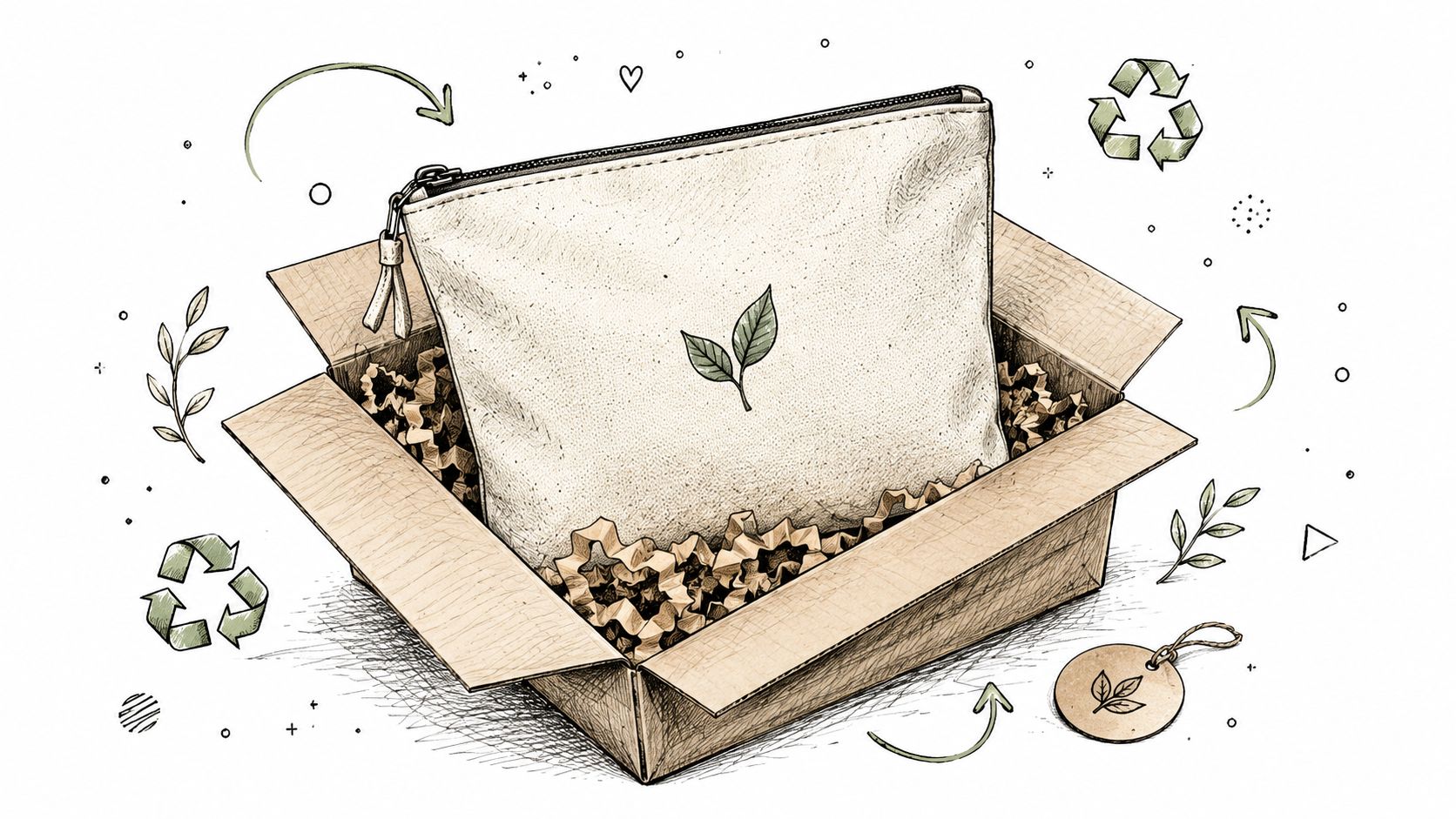 A sustainable eco-friendly canvas pouch with a leaf emblem inside a recyclable cardboard shipping box.