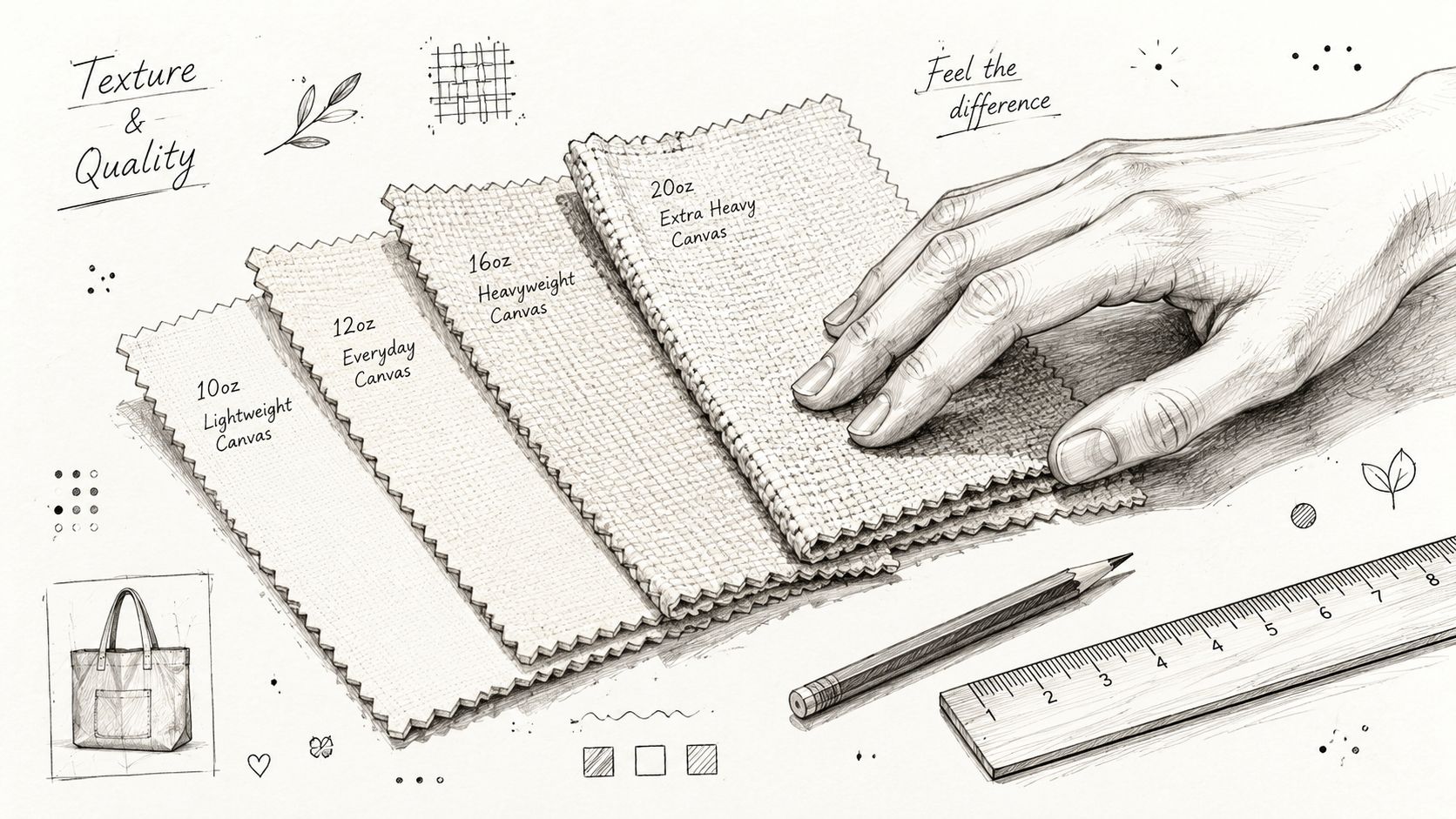 A hand touching various canvas fabric swatches of different weights with a pencil and ruler nearby.