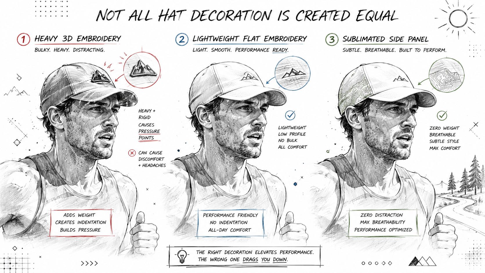 An infographic comparing heavy embroidery, flat embroidery, and sublimated designs on athletic running hats for performance.