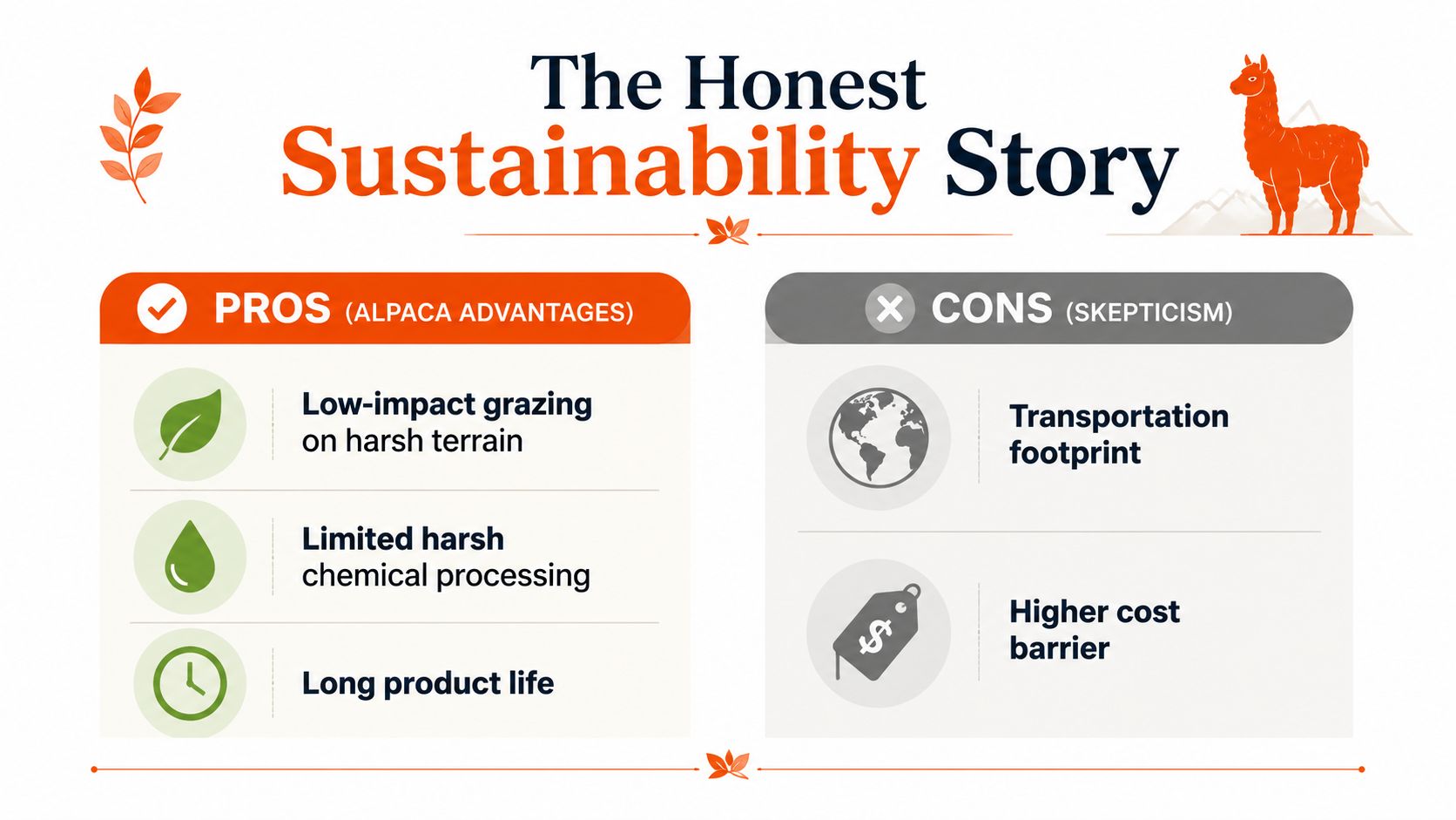 An infographic titled The Honest Sustainability Story highlighting pros and cons of alpaca wool production.