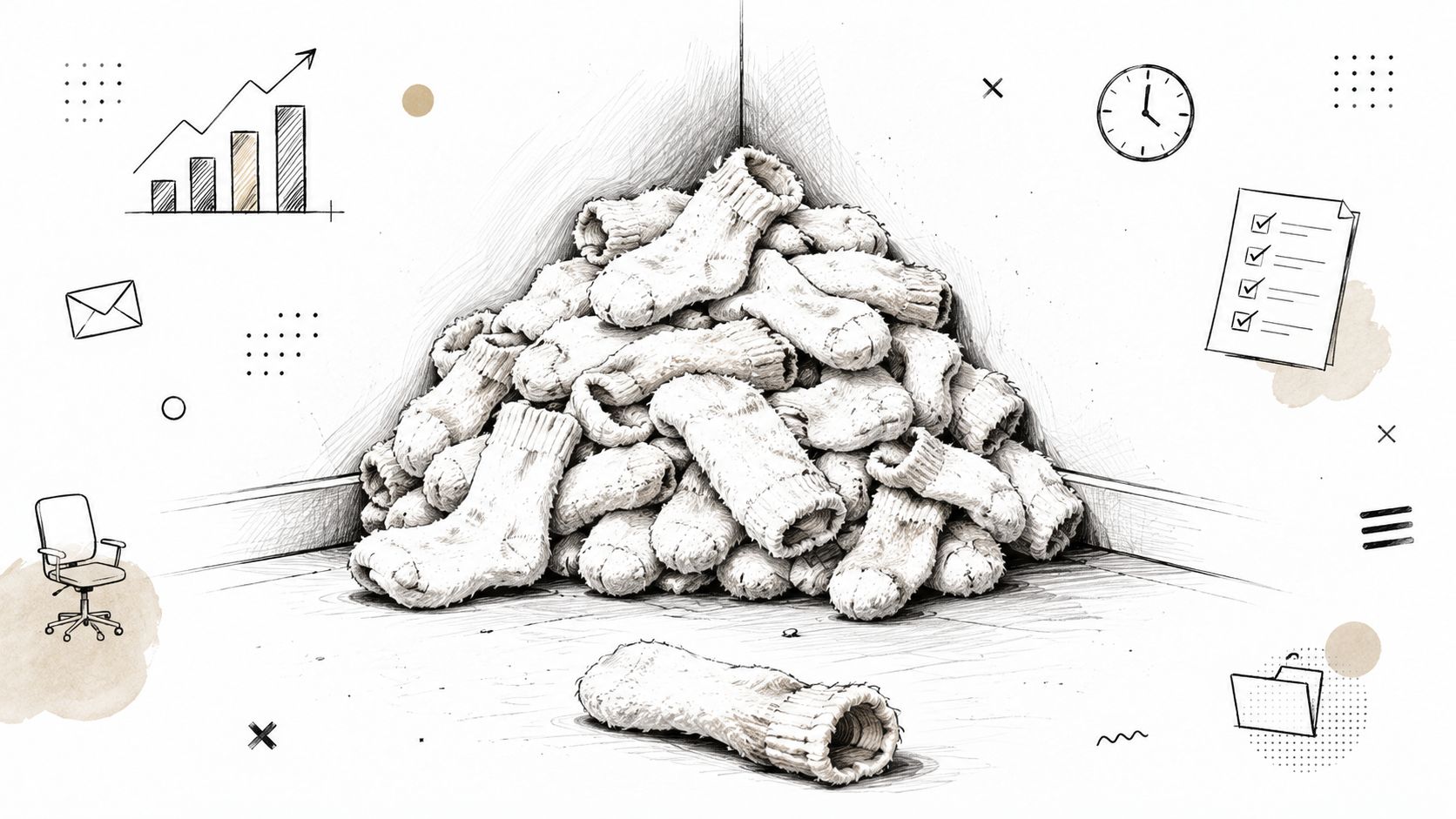 A pencil sketch of a large pile of fuzzy socks stacked in the corner of a room.