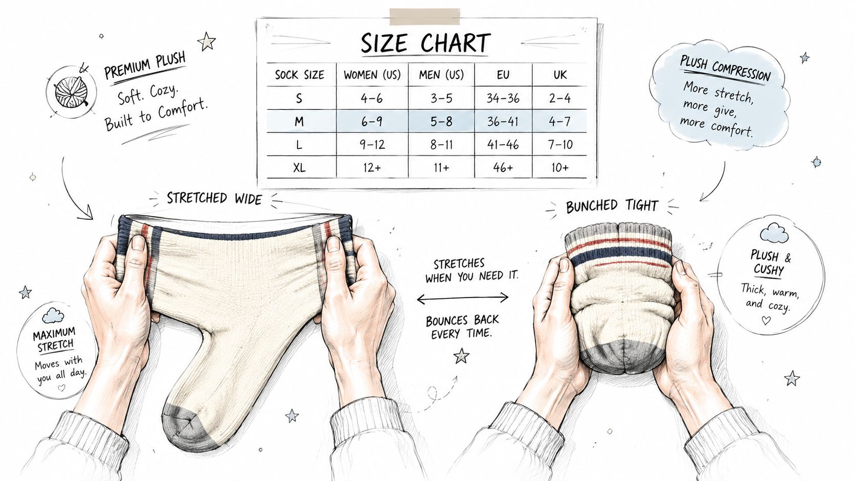 A hand-drawn illustration showing a size chart for plush fuzzy socks and their stretchable, comfortable features.
