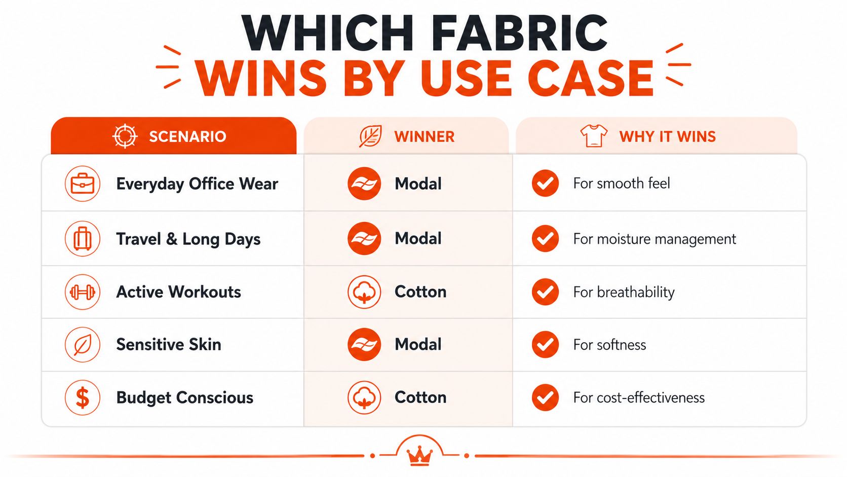 A comparison chart showing whether Modal or Cotton fabric is better for various daily use scenarios.