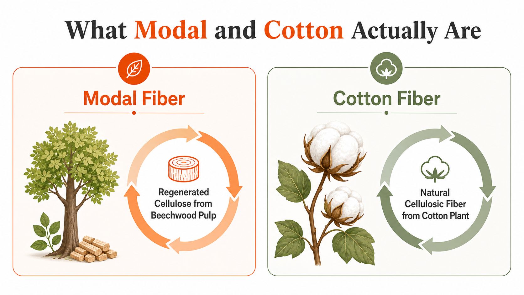 A side-by-side infographic comparing the origins of modal fiber from beechwood and cotton fiber from plants.