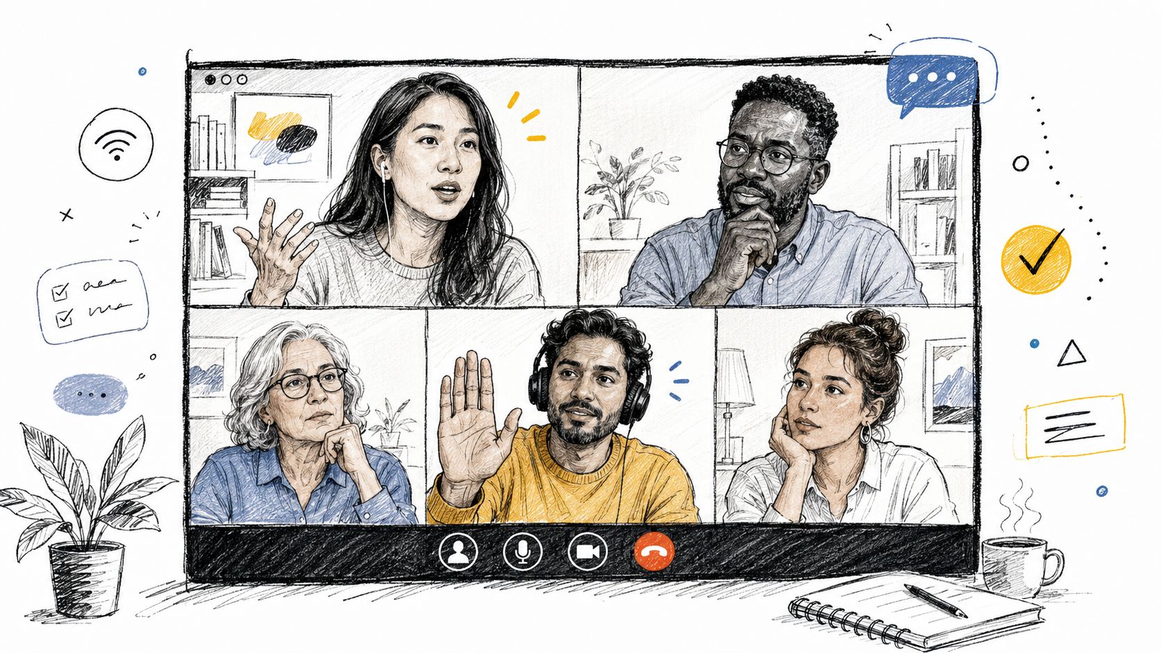 A hand-drawn sketch illustration of a diverse professional team engaging in a remote video conference meeting.