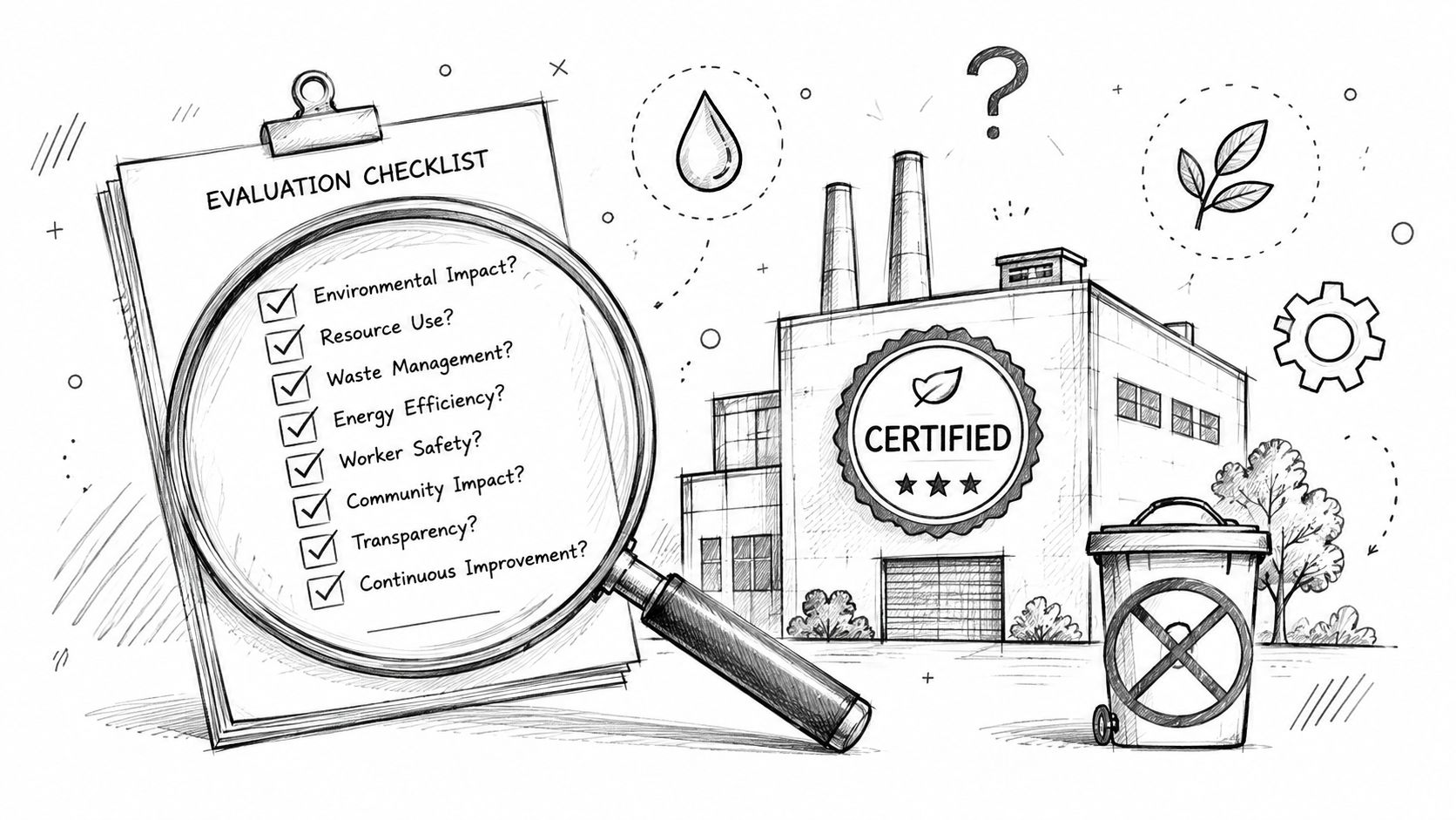 Sketch of an evaluation checklist with a magnifying glass over a factory with certification and waste icons.