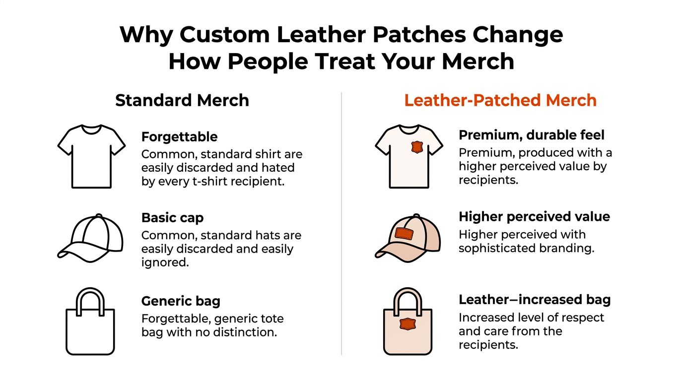 A comparison chart showing how custom leather patches increase the perceived value of standard merchandise items.