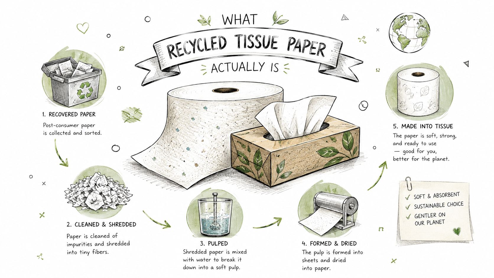 An infographic illustrating the five-step manufacturing process of transforming recovered paper into recycled tissue products.