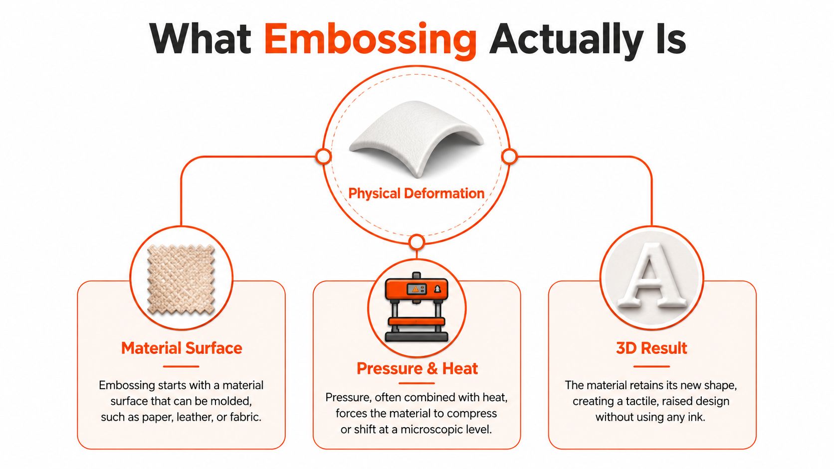 An infographic explaining how embossing works through physical deformation, pressure, heat, and material surface molding.