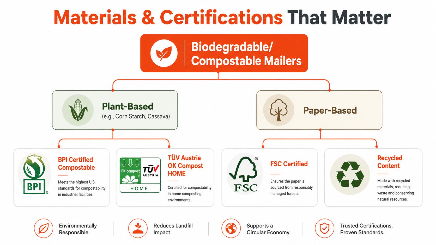 An infographic detailing the types and certifications of eco-friendly biodegradable and compostable shipping mailers.