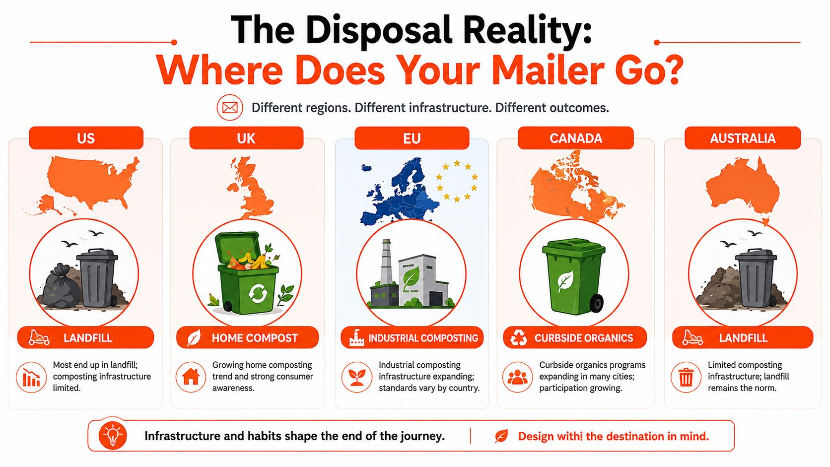 An infographic showing how different global regions manage compostable mailer waste through landfills or industrial composting.