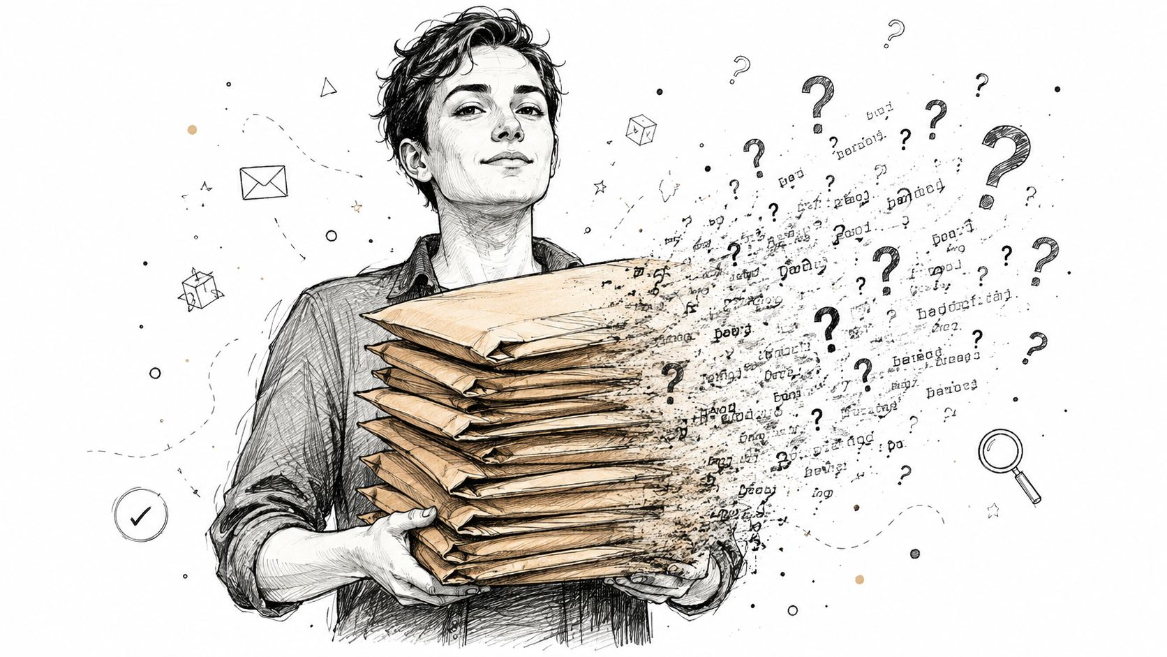 A person holding a stack of biodegradable mailers dissolving into question marks and abstract text.