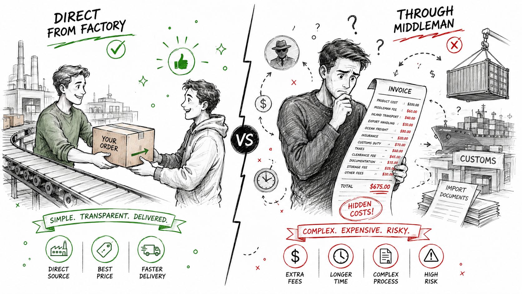 A comparison illustration showing the benefits of factory direct ordering versus the complexities of using middlemen.