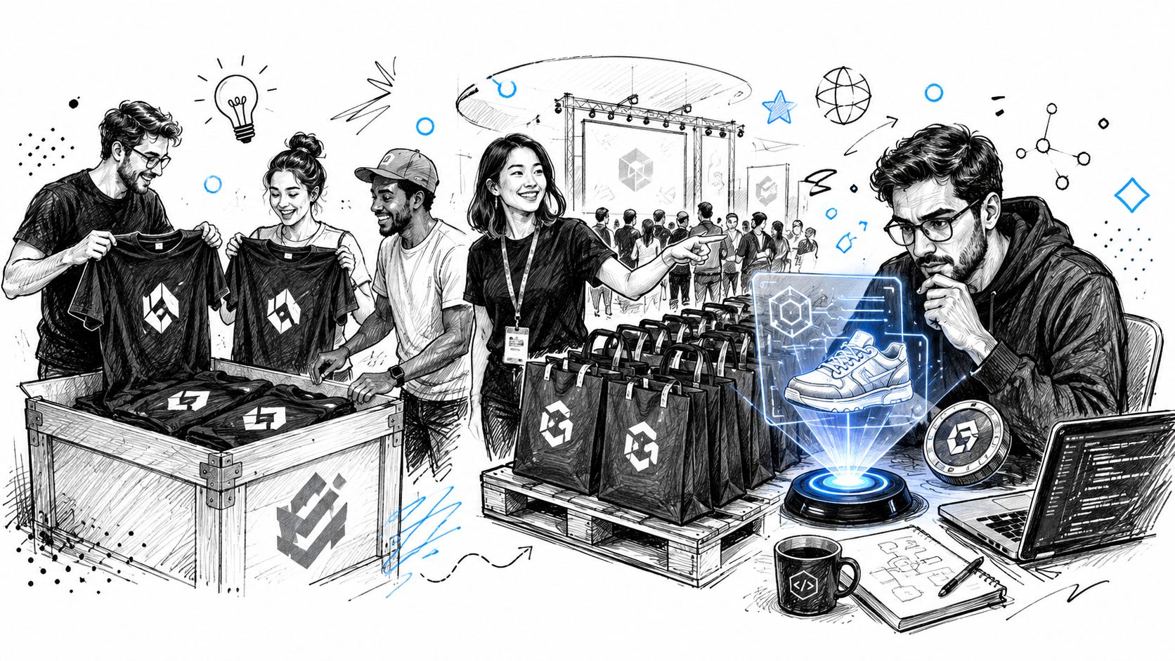 A team organizing branded merchandise and clothing at a professional booth while a developer works nearby.