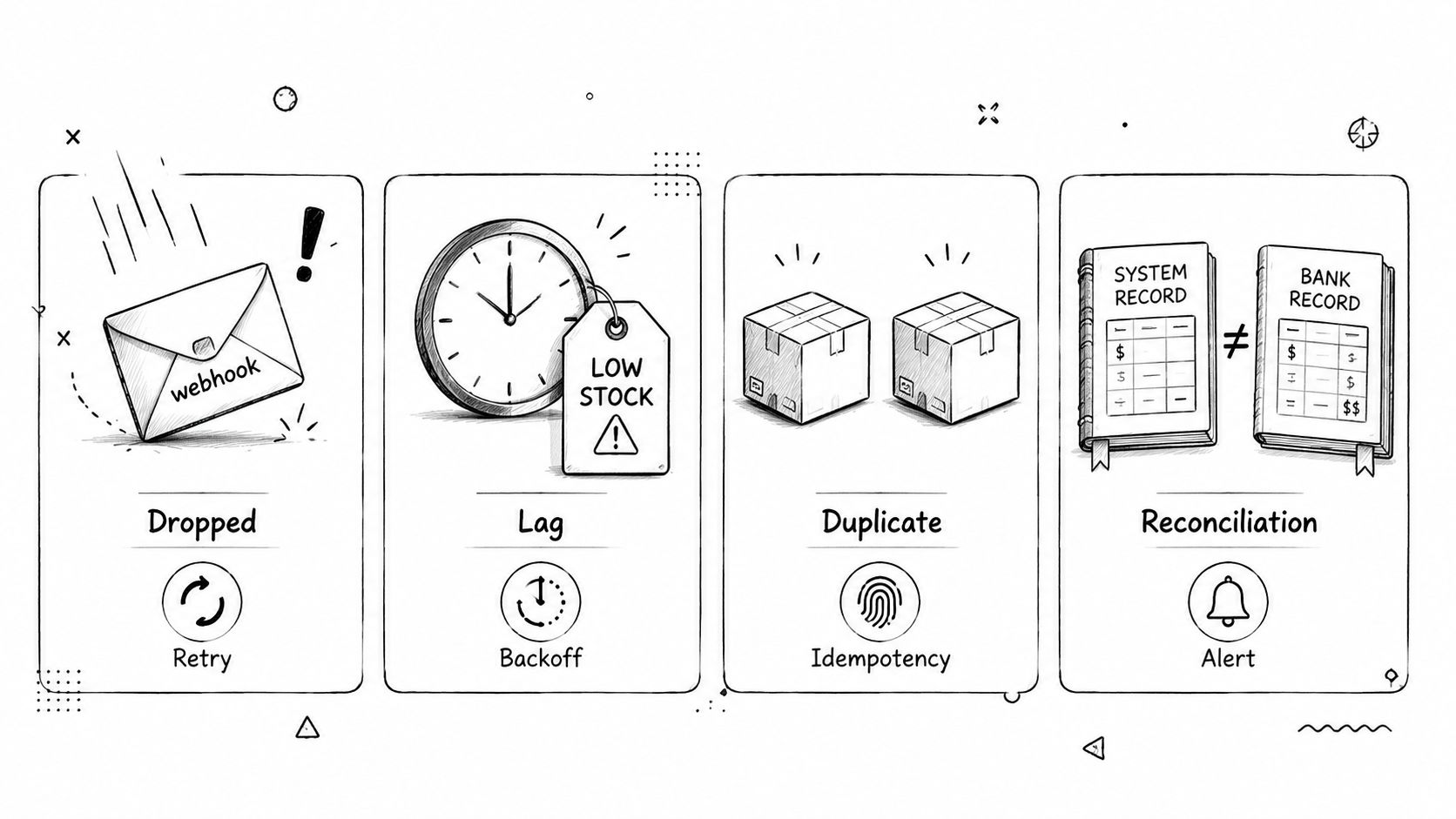 An illustration showing four common integration issues: dropped webhooks, lag, duplicates, and reconciliation errors with solutions.