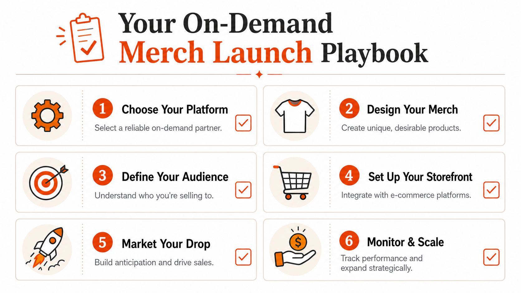 A six-step visual guide outlining the strategic process for successfully launching an on-demand merchandise business.