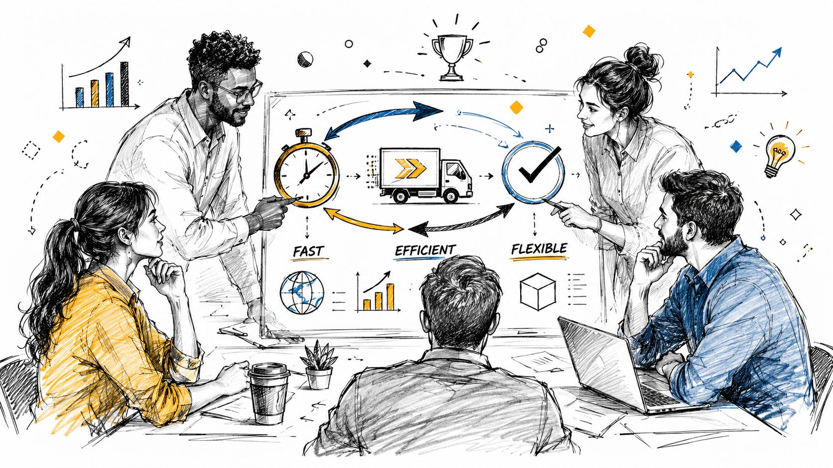 A professional team collaborating around a whiteboard with diagrams about fast, efficient, and flexible on-demand shipping.