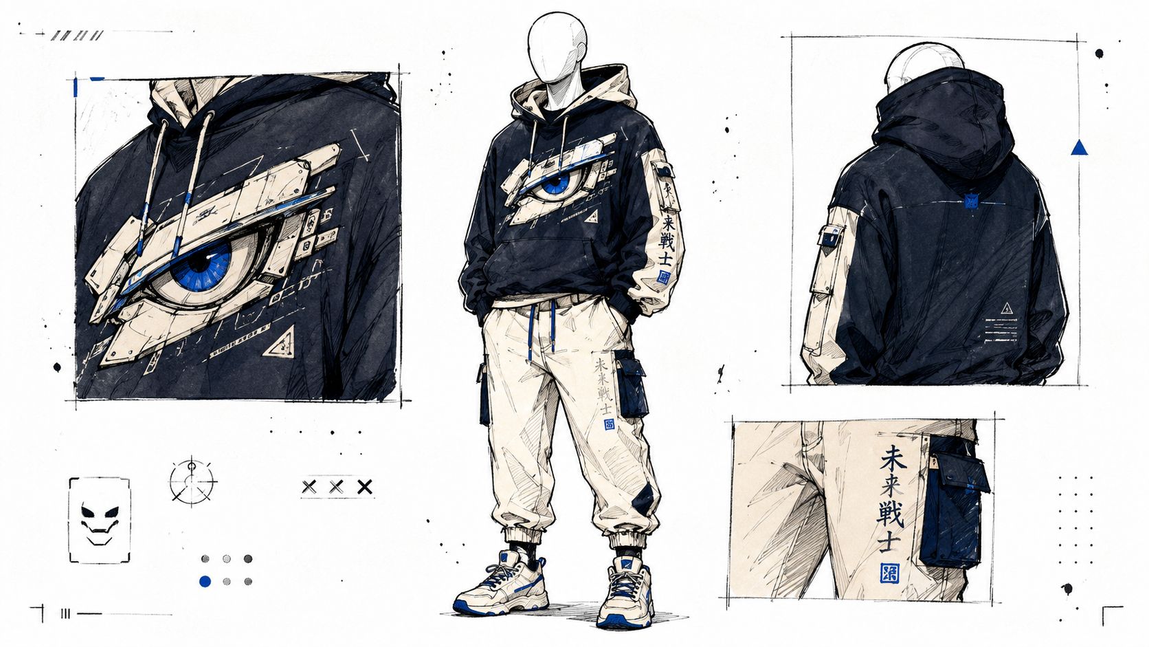 A digital design sketch of futuristic anime-inspired streetwear including a hoodie, cargo pants, and sneakers.