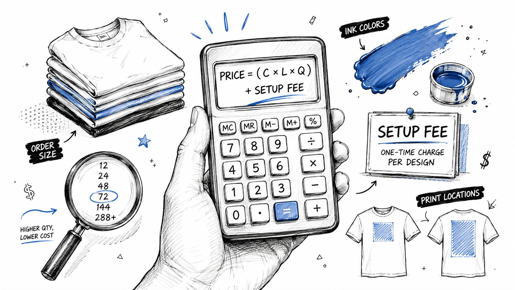 A hand-drawn illustration showing a calculator, stacked shirts, and icons explaining screen printing pricing factors and costs.