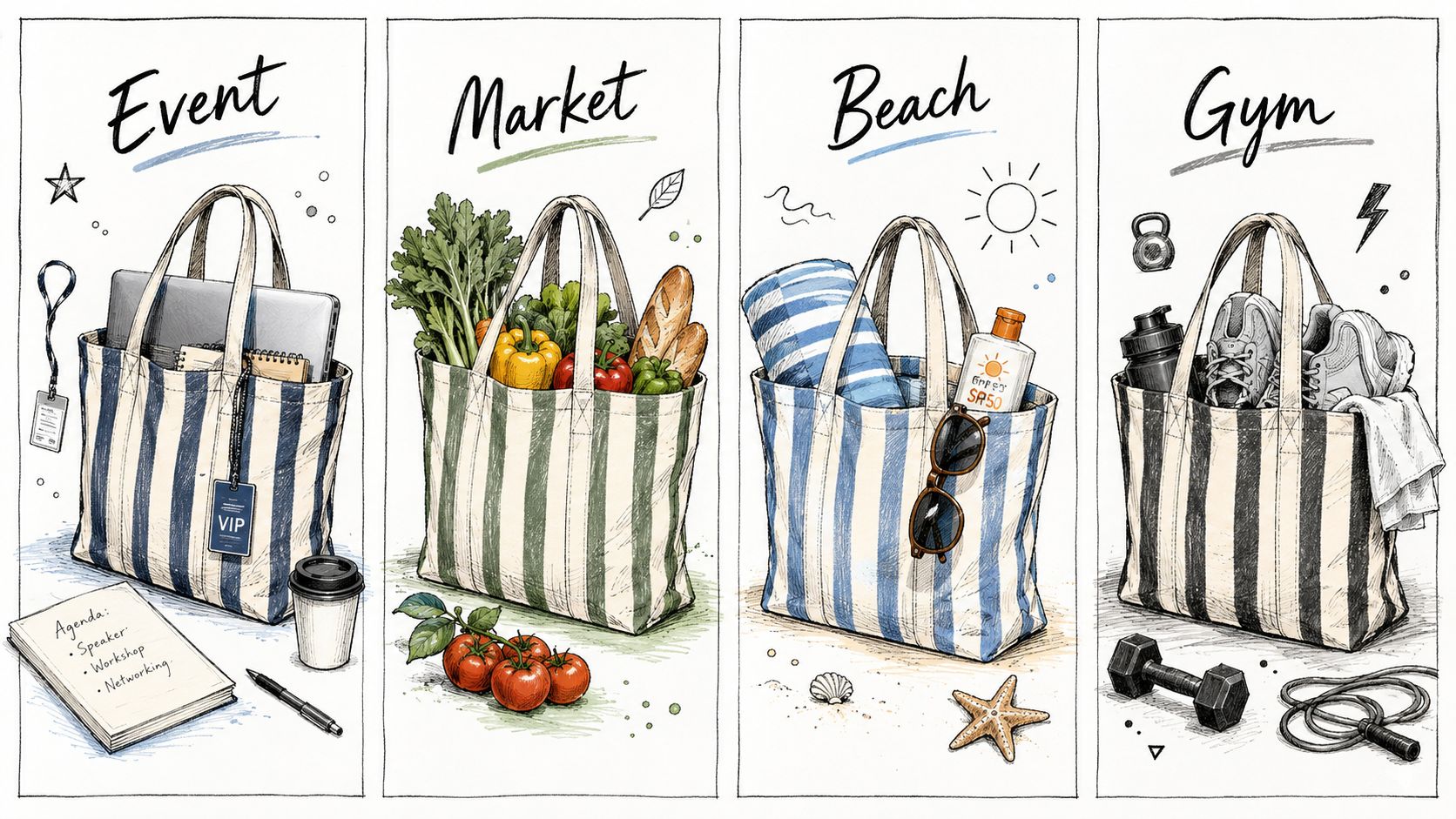 Four illustrated striped canvas tote bags showing different contents for an event, market, beach, and gym trip.