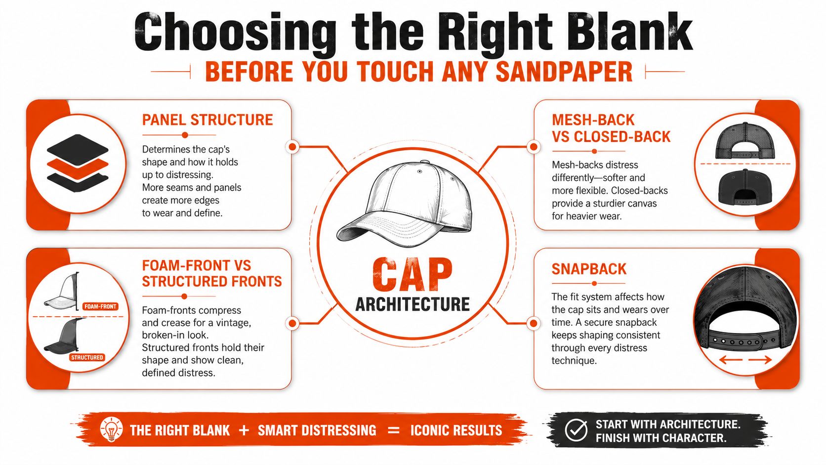 A guide infographic explaining how cap architecture affects the final appearance of distressed trucker hats.