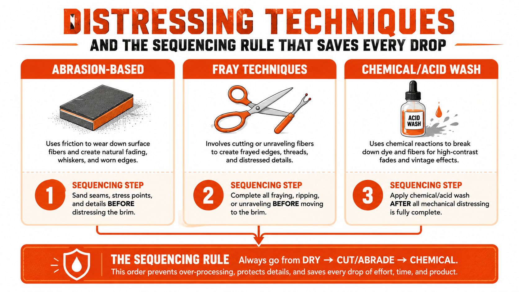 An infographic showing the proper step-by-step sequencing for distressing custom hats using abrasion, fraying, and acid wash.