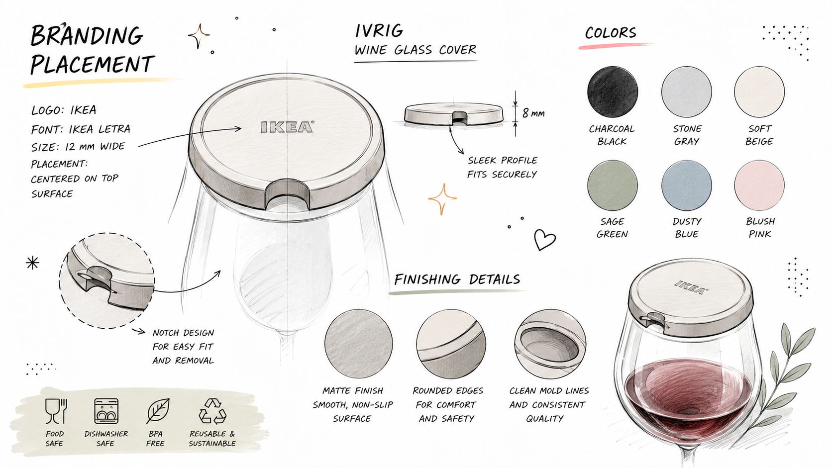 A product design sketch of an IKEA IVRIG wine glass cover featuring branding, dimensions, and color options.