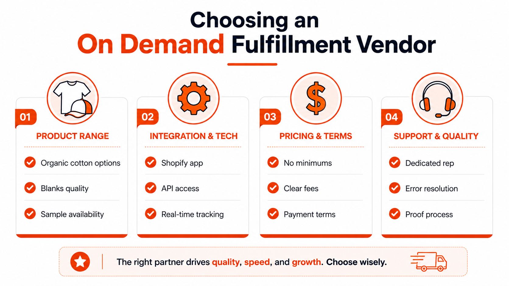 A professional infographic outlining four key criteria for selecting an on-demand fulfillment vendor for e-commerce businesses.