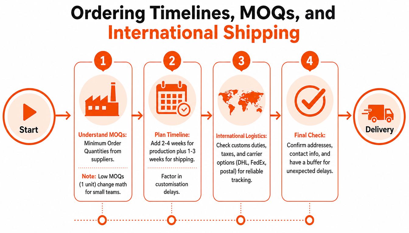 An infographic showing four steps for ordering timelines, minimum order quantities, and international shipping processes.