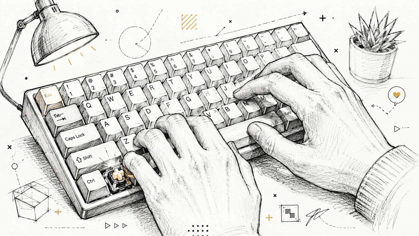 A pencil sketch of a person typing on a mechanical keyboard with a desk lamp and plant.